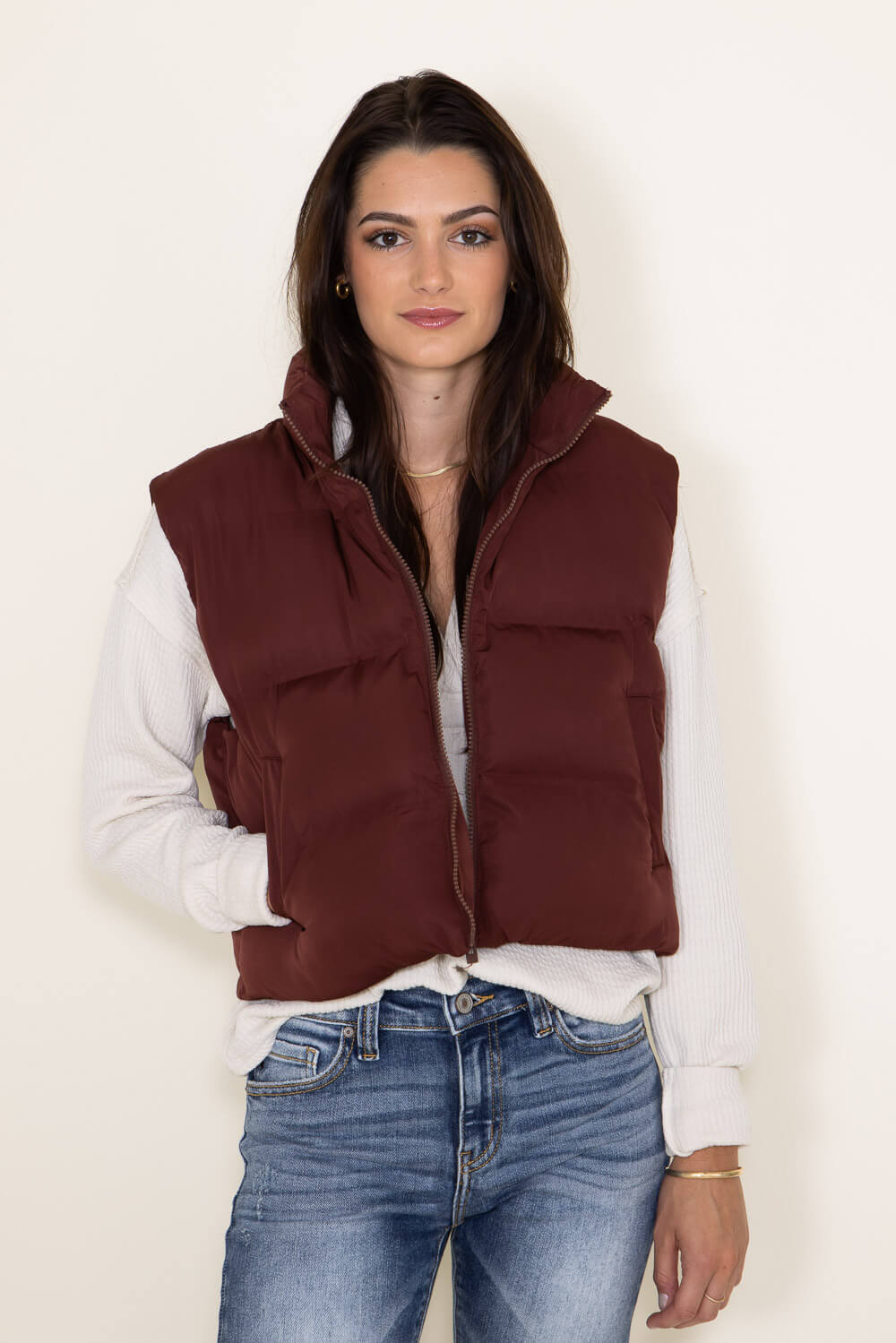 Thread & Supply Issey Cropped Puffer Vest for Women in Malbec Red 