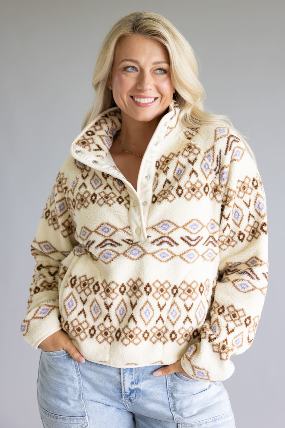 Thread & Supply Piper Snap Pullover for Women in Cream Aztec
