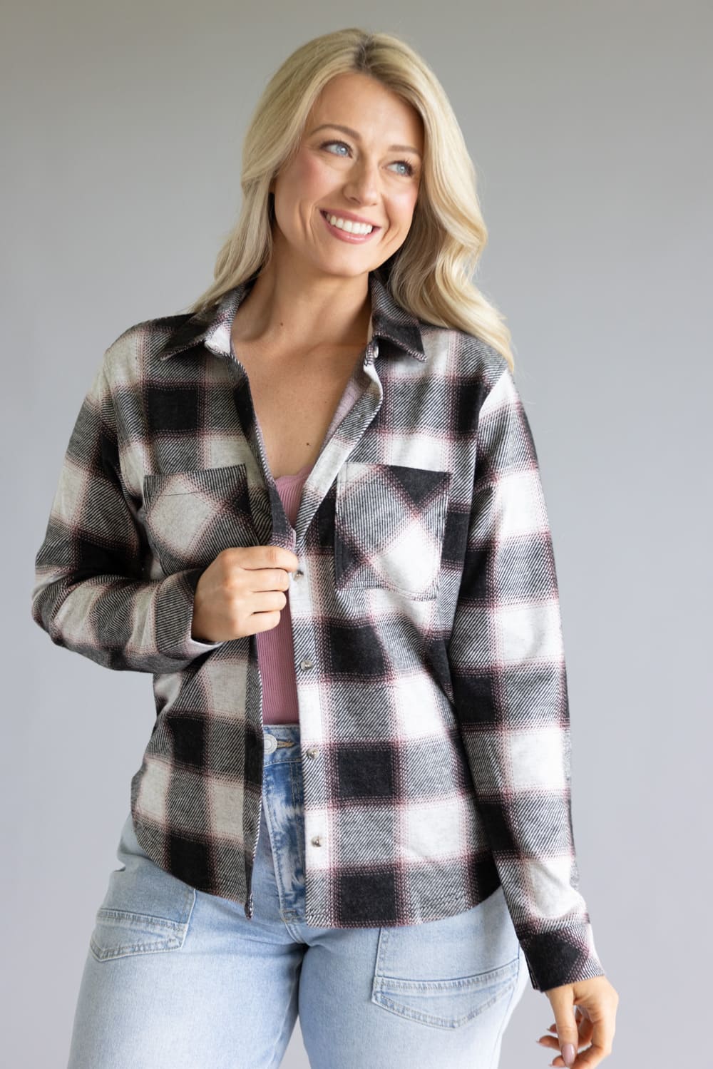 Thread & Supply Saja Button Up Shirt for Women in Black White Rose Plaid