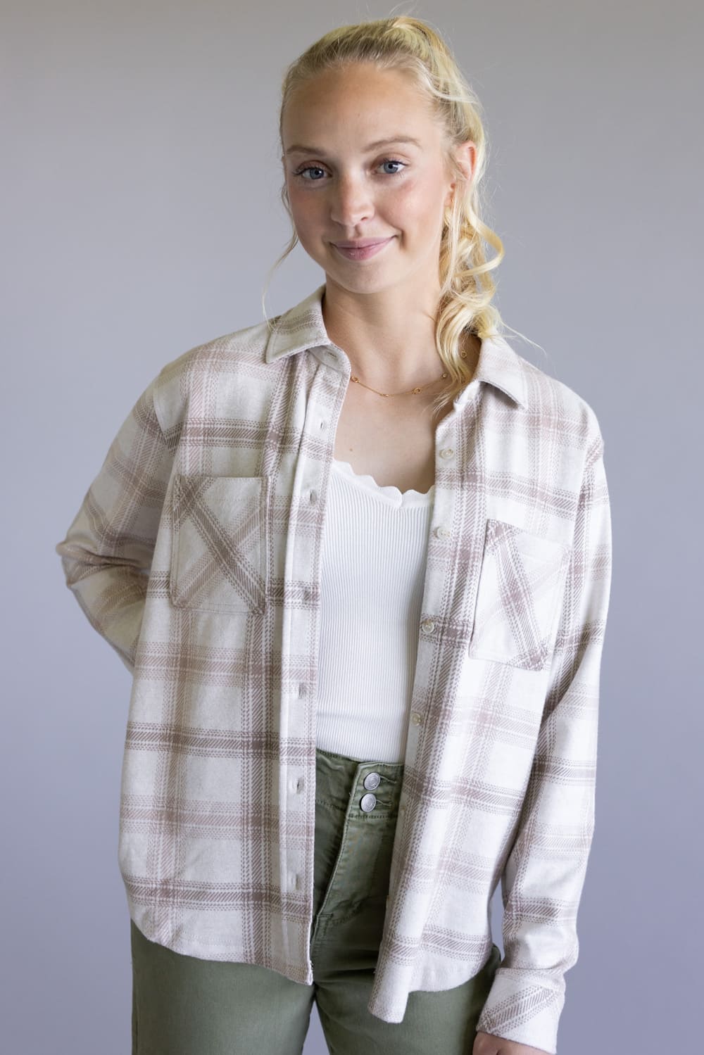 Thread & Supply Saja Button Up Shirt for Women in Mauve Taupe Plaid