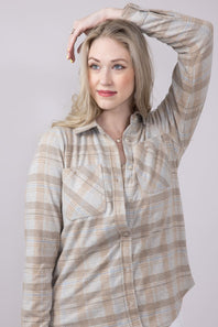 Thread & Supply Lewis Soft Luxe Button Up Shirt for Women in Beige/Blue Plaid