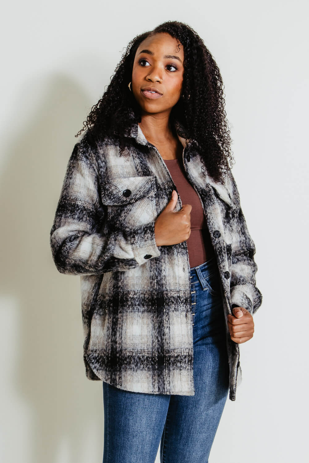 Thread & Supply Chandler Shacket for Women in Grey Plaid