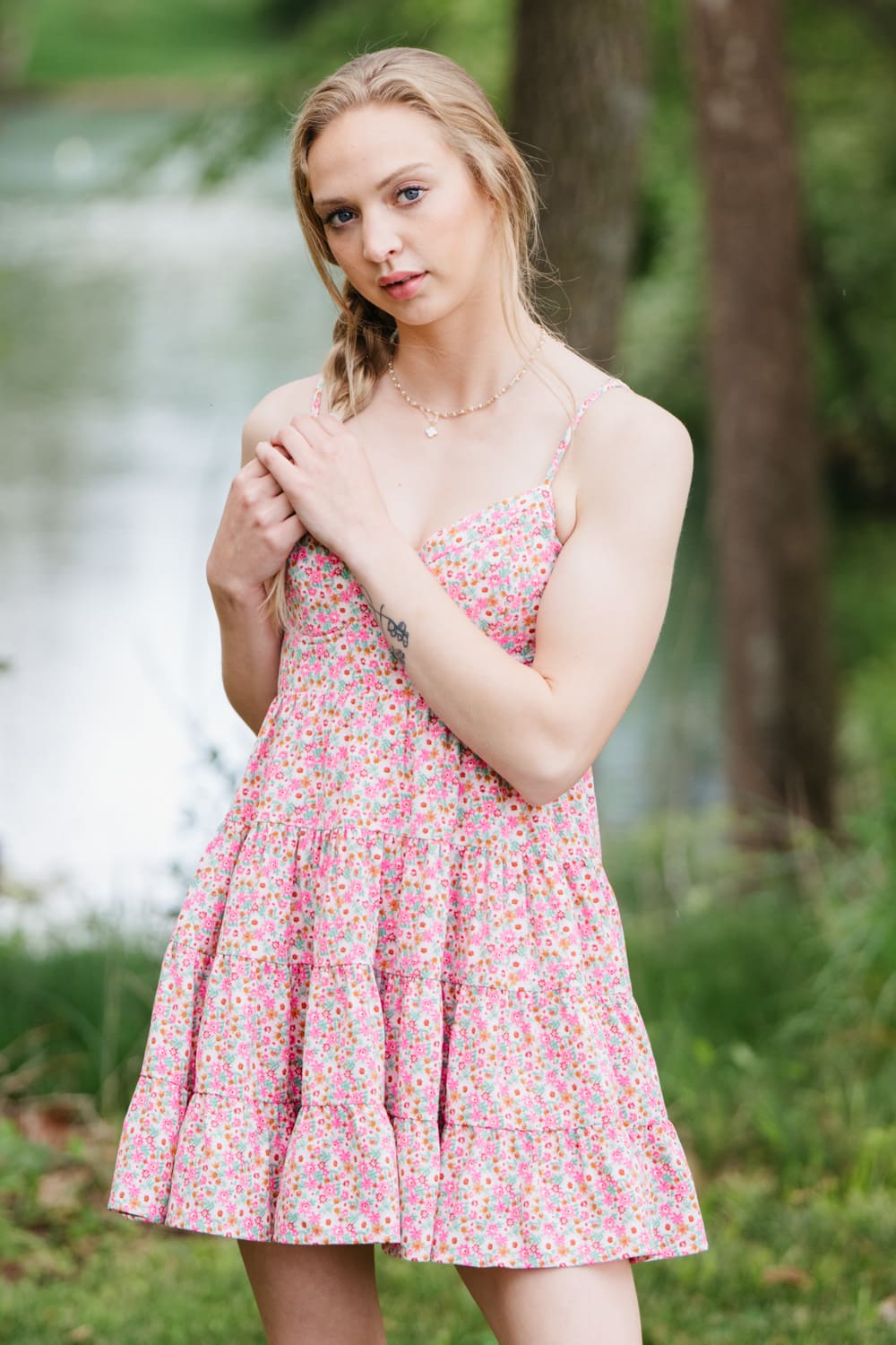 Tiered Babydoll Floral Mini Dress for Women in Light Pink