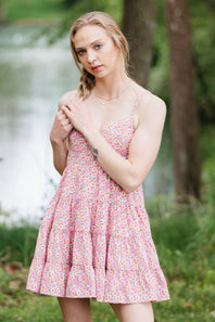 Tiered Babydoll Floral Mini Dress for Women in Light Pink