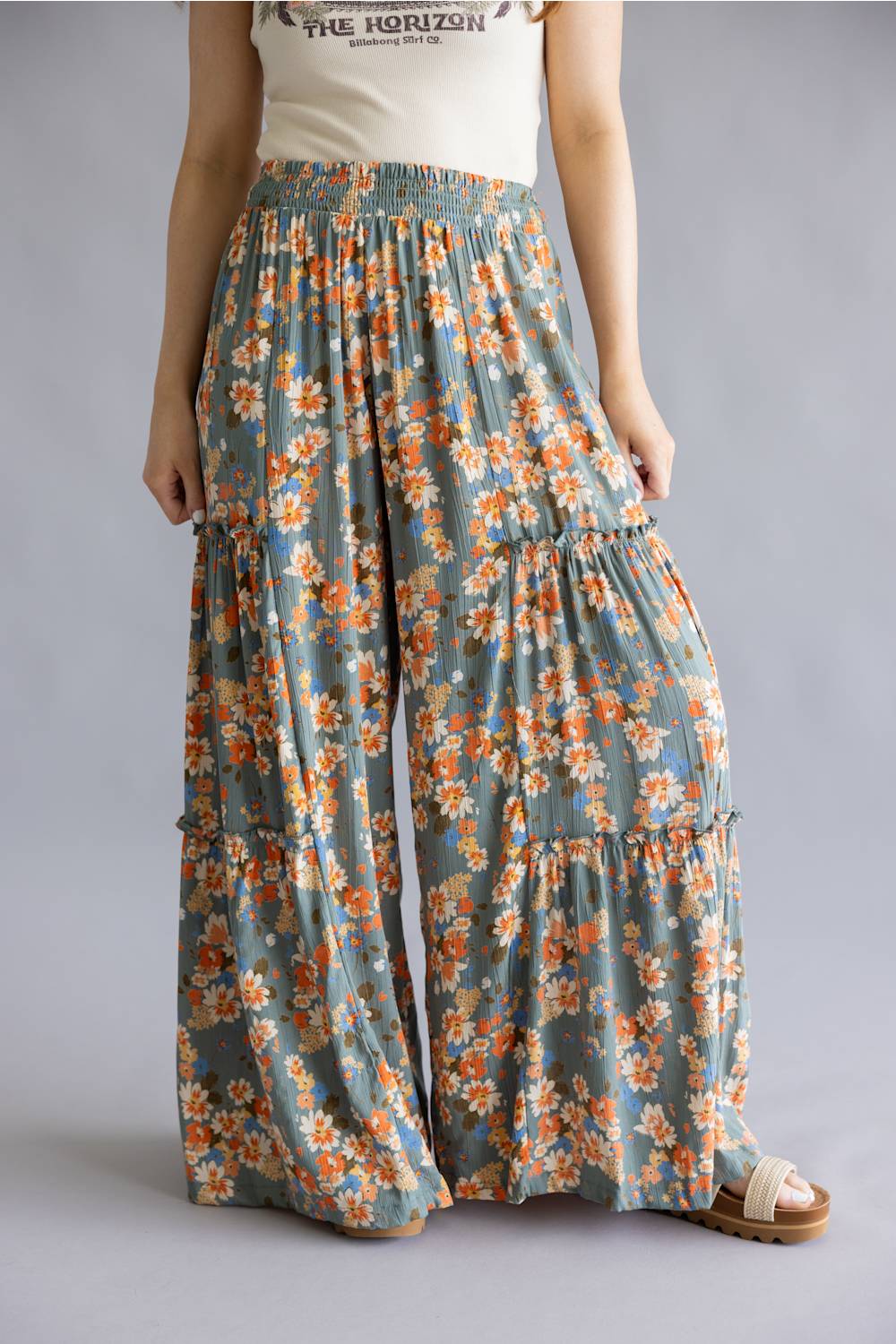 Tiered Floral Beach Pants for Women in Teal