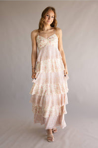 Tiered Floral Ruffle Maxi Dress for Women in Pink Multi