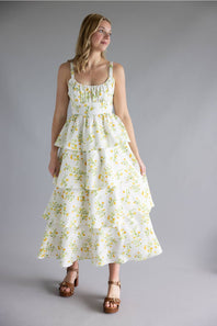Tiered Tie Back Floral Maxi Dress for Women in White/Yellow