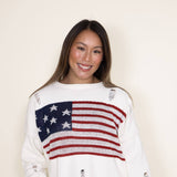 Distressed American Flag Sweater for Women in Cream