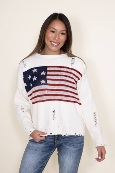 Distressed American Flag Sweater for Women in Cream