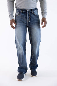 Men's dark wash loose straight-leg denim jeans featuring subtle fading and whiskering details.