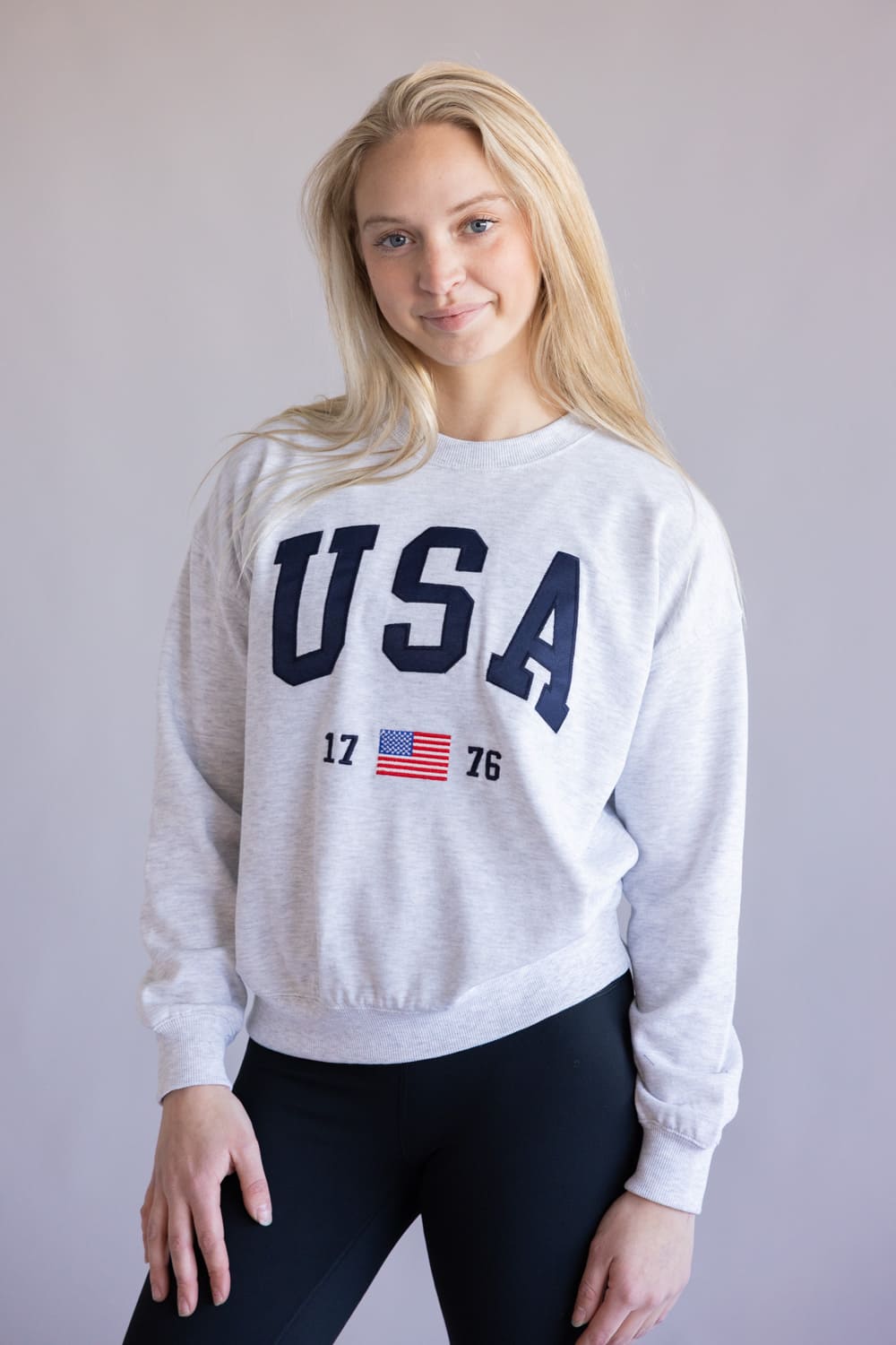 Reflex USA 1776 Flag Patch Embroidered Sweatshirt for Women  - Ice Grey