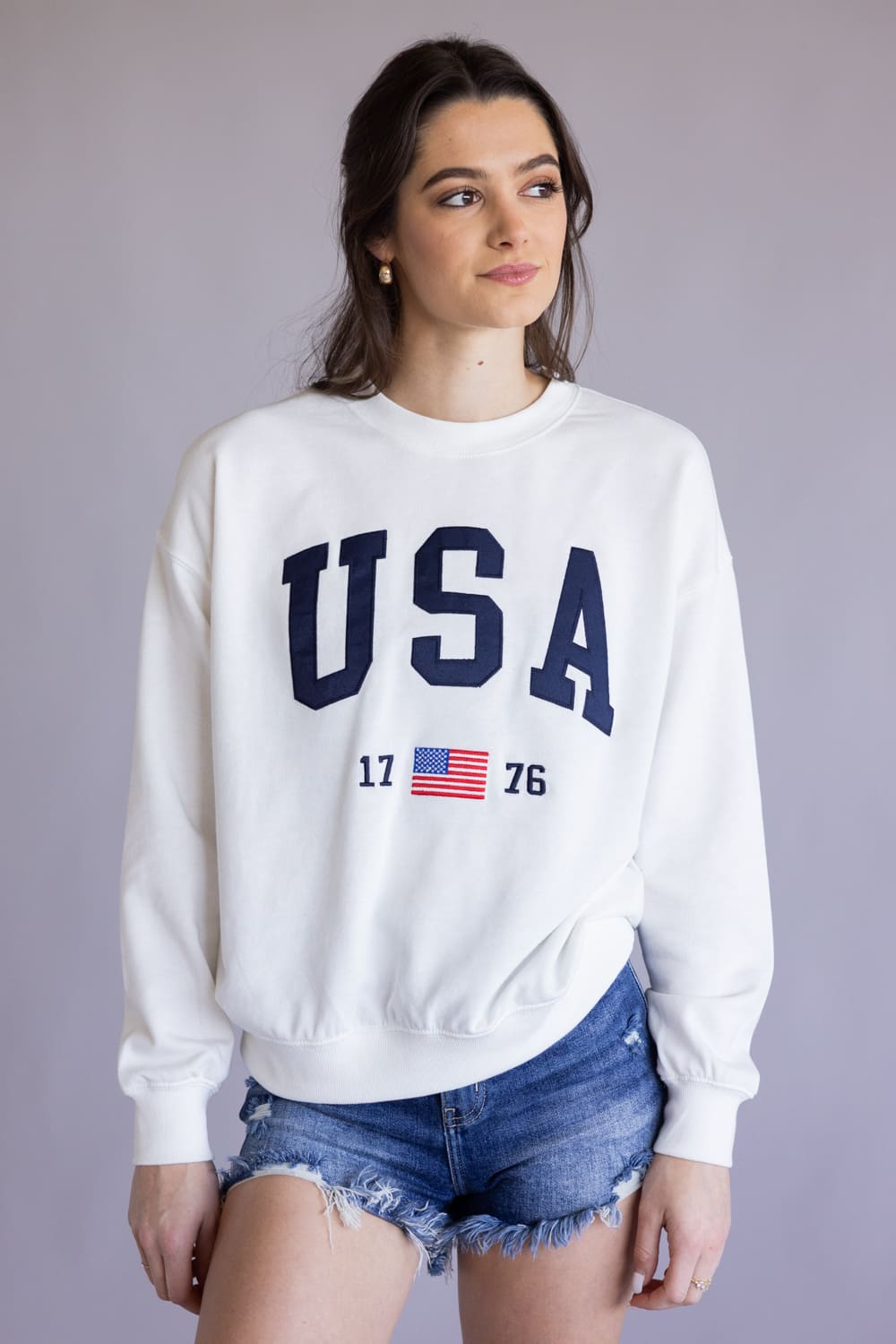 Embroidered USA 1776 Crewneck for Women in Ivory