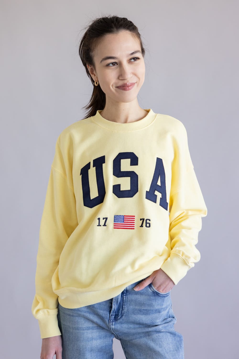 Reflex USA 1776 Flag Patch Embroidered Sweatshirt for Women - Light Yellow