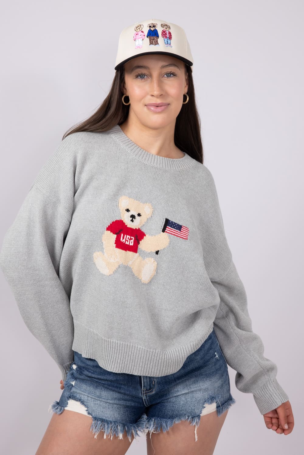 USA Bear Crewneck Sweater for Women in Grey