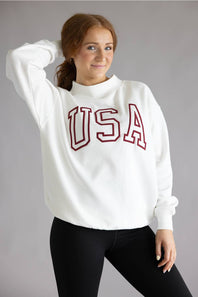 1897 Active USA Embroidered Mock Neck Sweatshirt for Women in Ivory