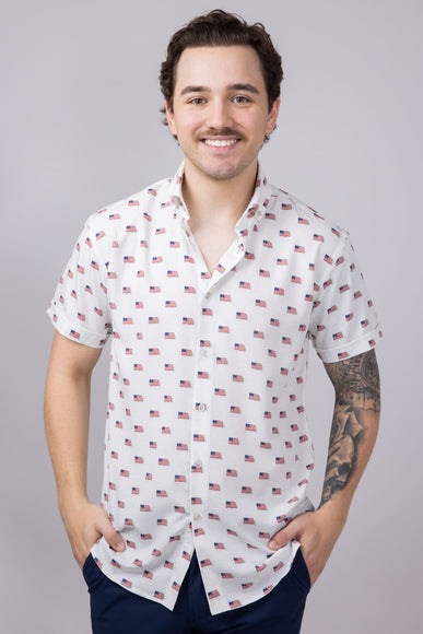 USA Flag Pattern Button Down Shirt for Men in Grey/White