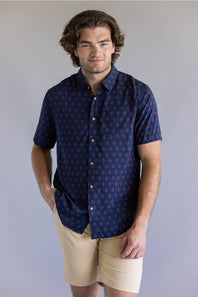 Union Venice Printed Rayon Button Up Shirt for Men in Nocturine