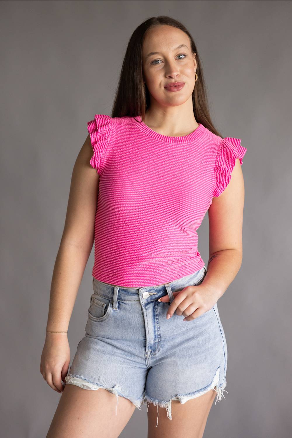 Urban Rib Flutter Sleeve Top for Women in Candy