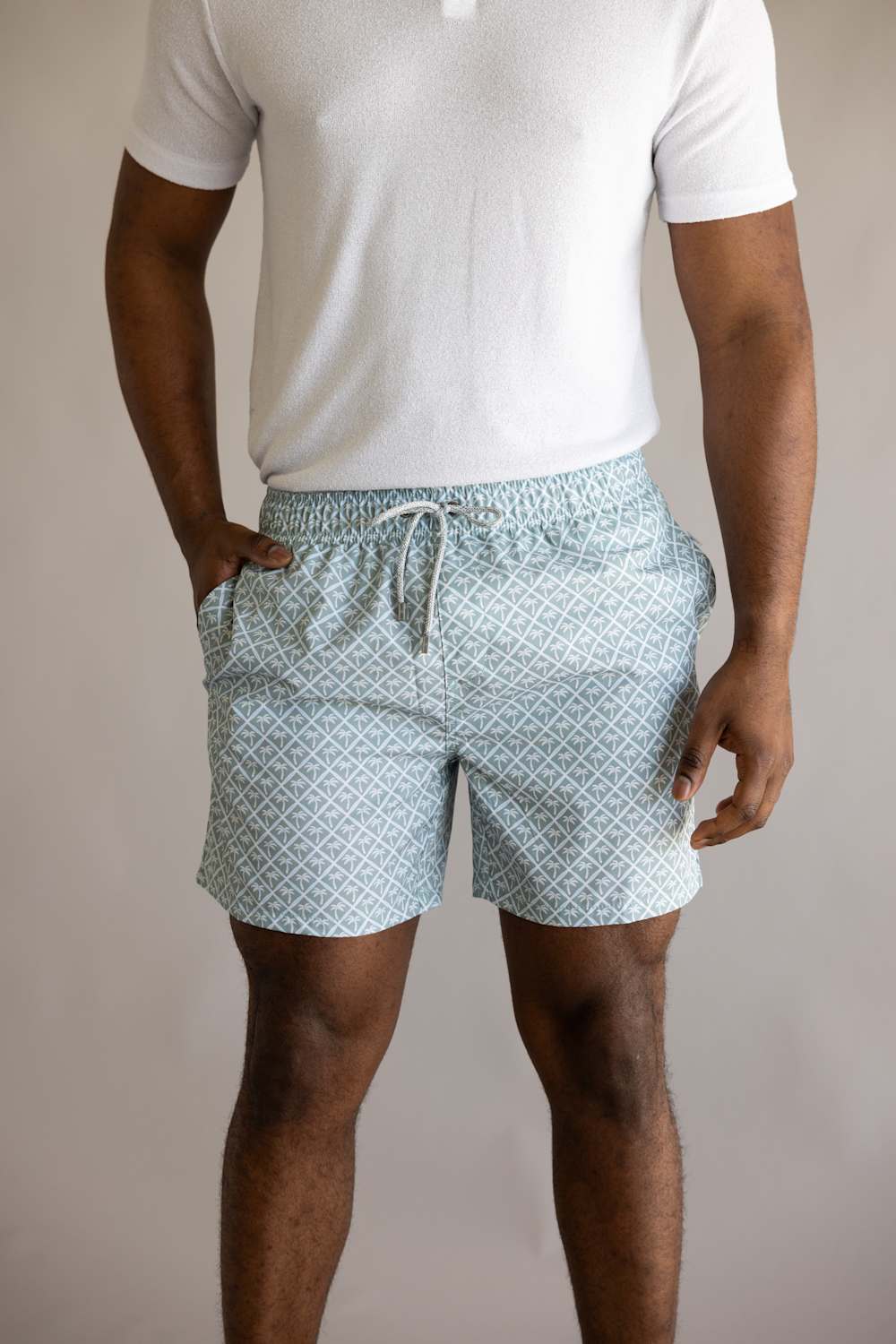 Vintage Summer 4 Way Stretch Volley Shorts for Men in Sage Palm Trees