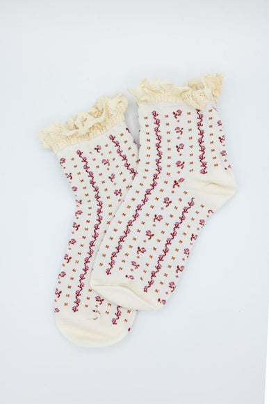 Rosebud Waffle Knit Socks for Women in White