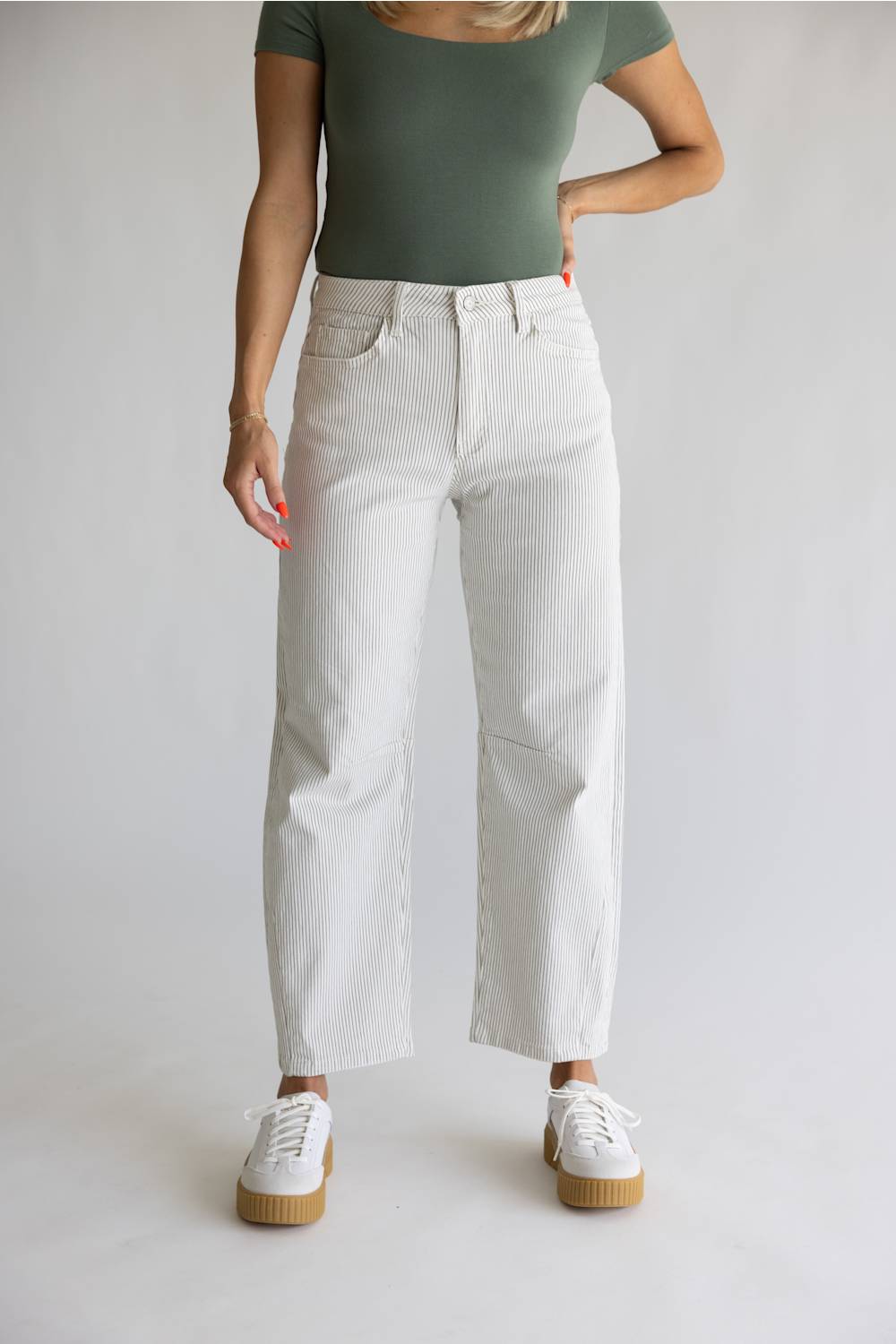 Vervet High Rise Striped Barrel Leg Jeans for Women in Tan