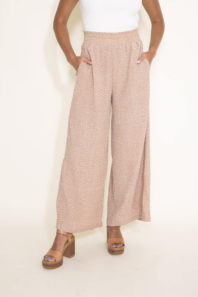Dotted Smocked Waist Wide Leg Pants for Women in Taupe