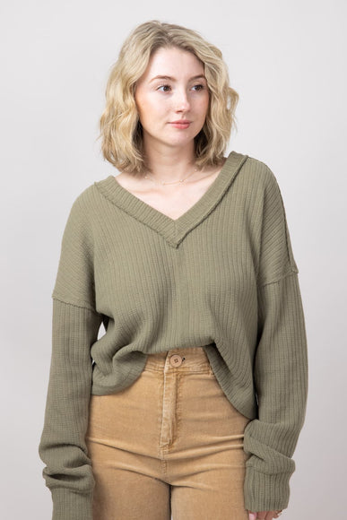 Casual V-Neck Knit Top for Women in Olive