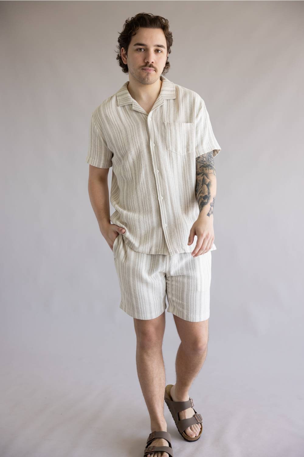 Vintage Summer Basketweave Button Up Shirt for Men in Tan