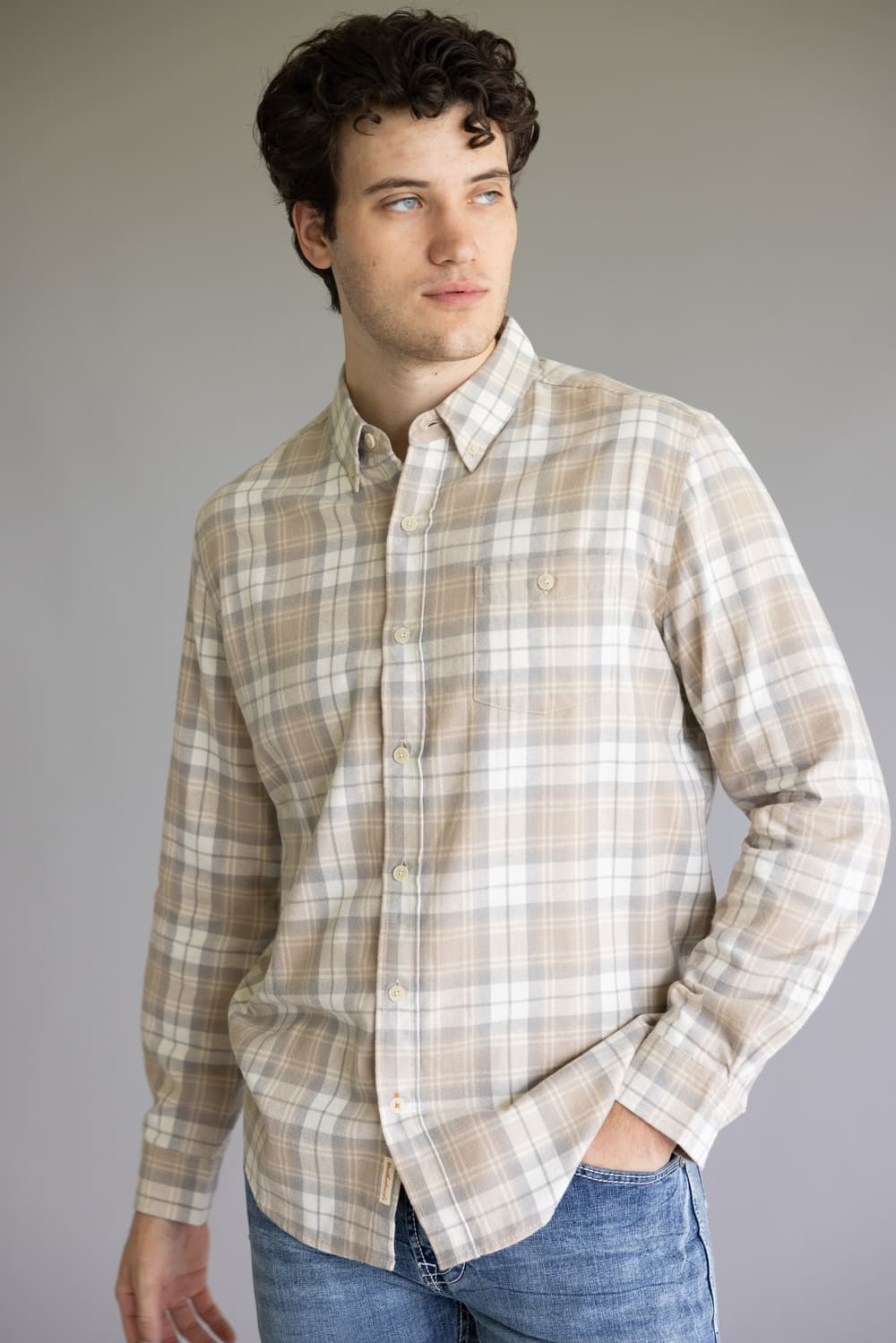 Weatherproof Vintage Brushed Flannel Shirt for Men in Beige
