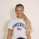 America with Flag Graphic T-Shirt for Women in Ivory