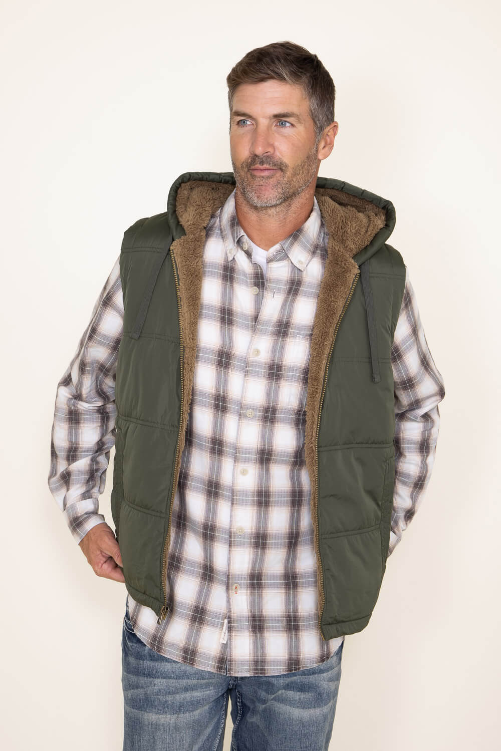 Weatherproof Vintage Sherpa Lined Puffer Vest for Men in Deep Olive