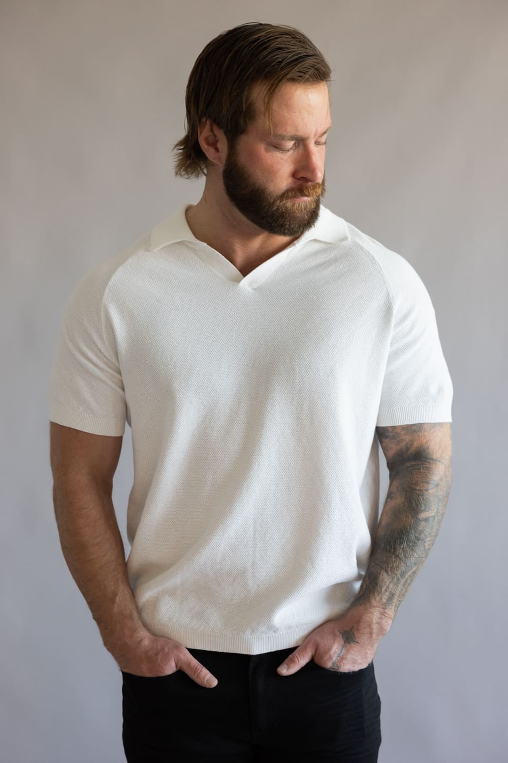 Weatherproof Vintage Johnny Collar Polo Sweater Shirt for Men in Bleached White