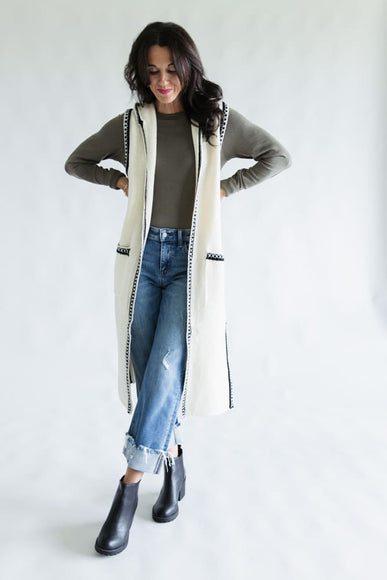 Whip Stitch Long Hooded Cardigan for Women in Ivory