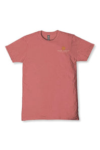 A short-sleeve crewneck t-shirt in a dusty rose or muted coral pink color, featuring a small yellow and white 'simple natural' logo on the left chest, displayed flat against a white background.