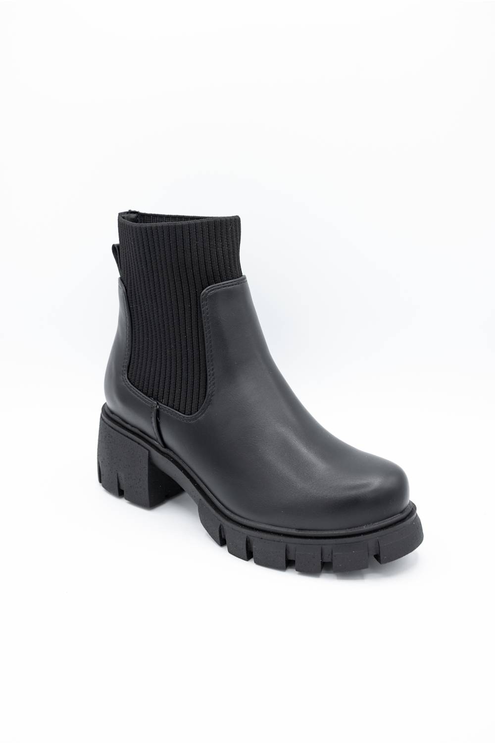 A single black ankle boot with a ribbed elastic side panel and a chunky lug sole, photographed on a clean white background.