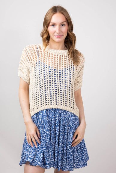 Crochet Short Sleeve Sweater for Women in Natural