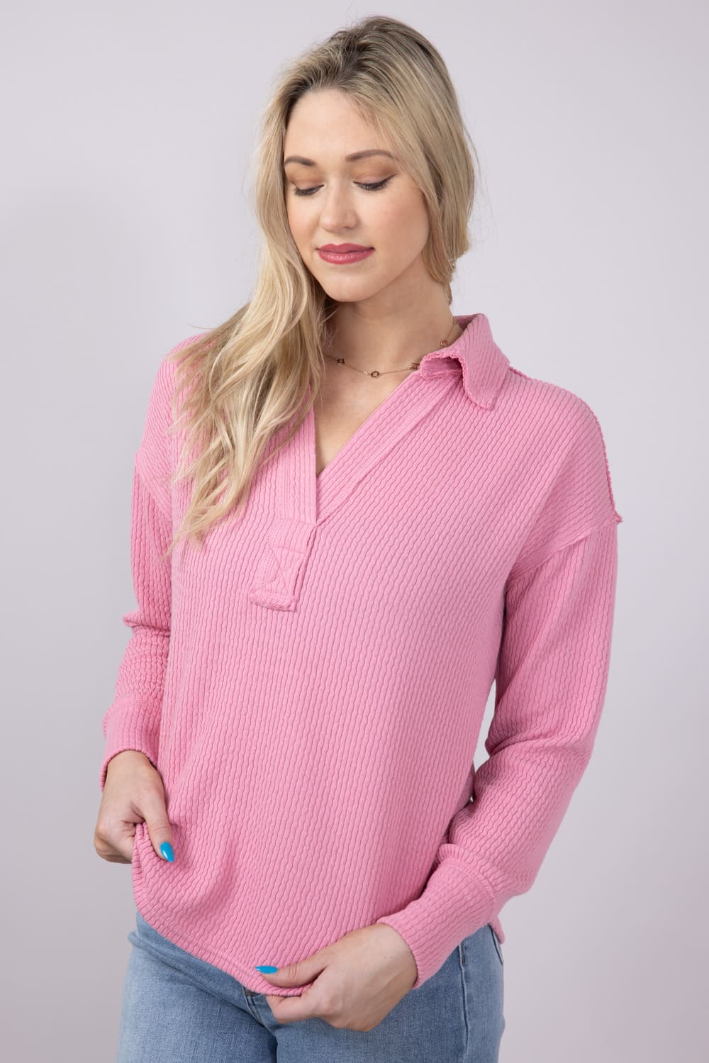 Blu Pepper Ribbed Knit Johnny Collar Polo Shirt for Women in Mauve