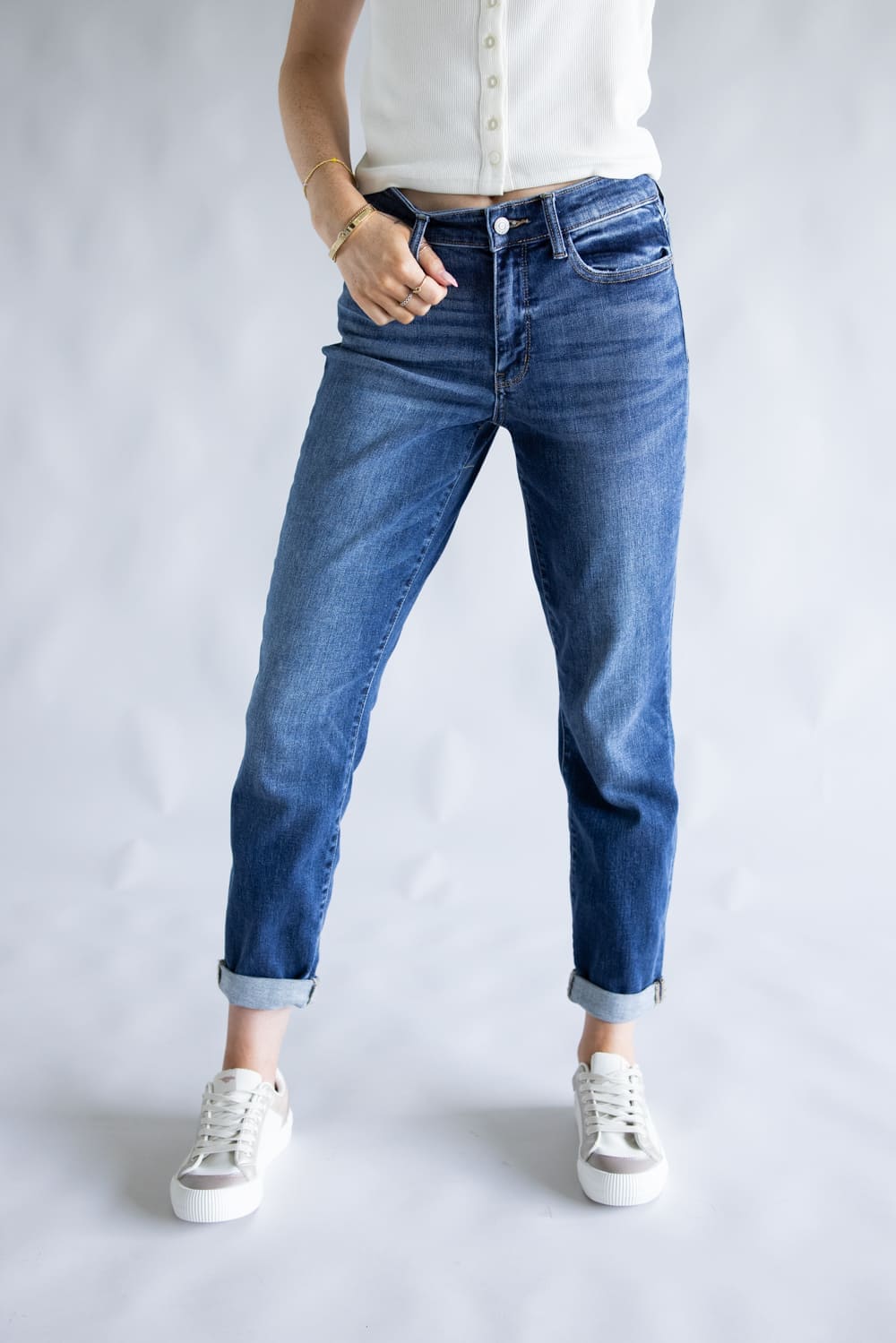 Judy Blue Mid Rise Cuffed Boyfriend Jeans for Women