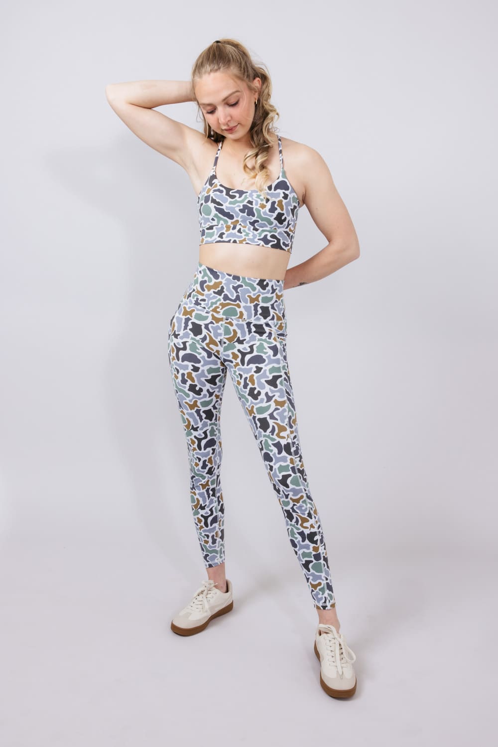 Local Girl Crossover Strap Sports Bra for Women in Bluff Grey Camo