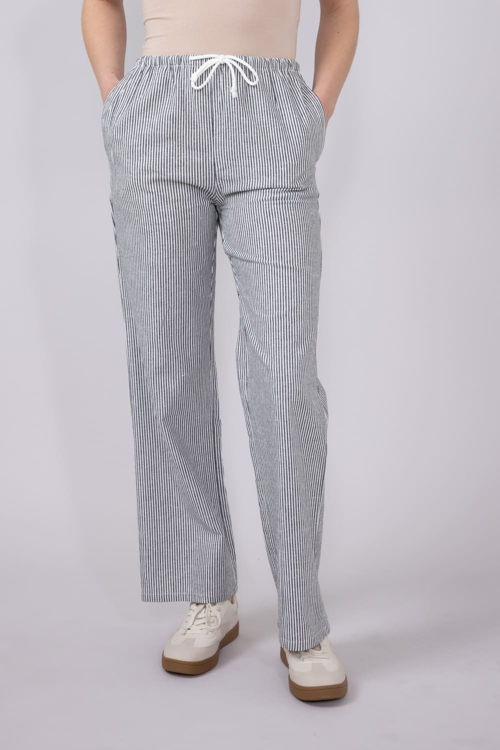 Love Tree Pinstripe Drawstring Linen Pants for Women in
