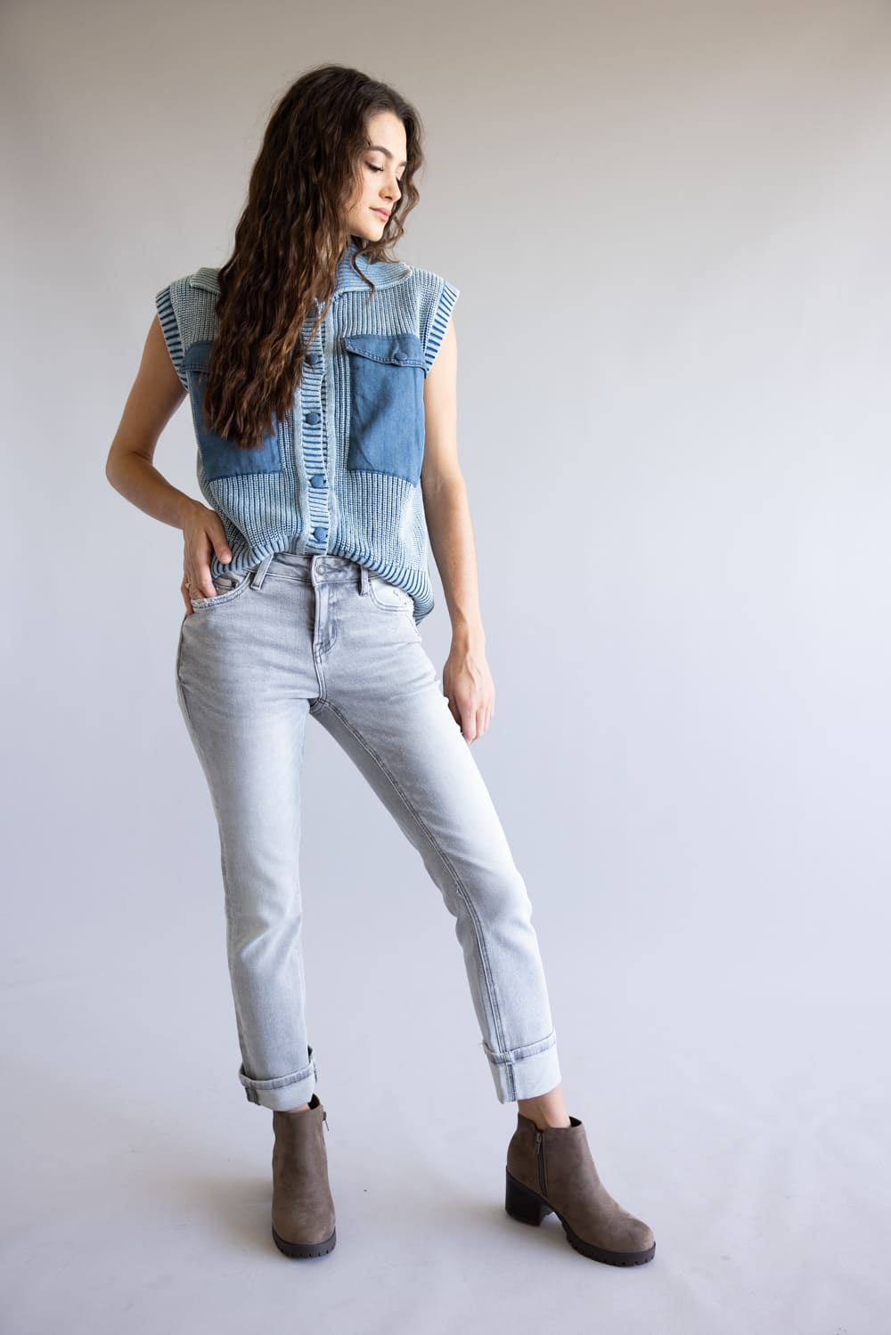 Mica Mid Rise Cuffed Straight Jeans for Women in Grey MDP-T3385