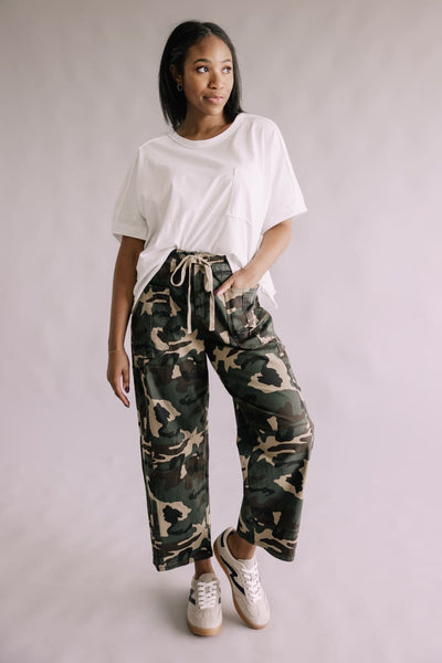 Risen Mid-Rise Barrel Jeans for Women in Camo | PG21258-CAMO