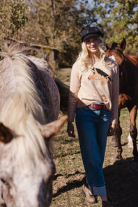 Simply Southern Anastasia Horse Crew Neck Sweater for Women in Tan