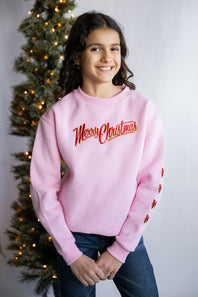 Simply Southern Youth Merry Christmas Embroidered Sweatshirt for Girls in Pink