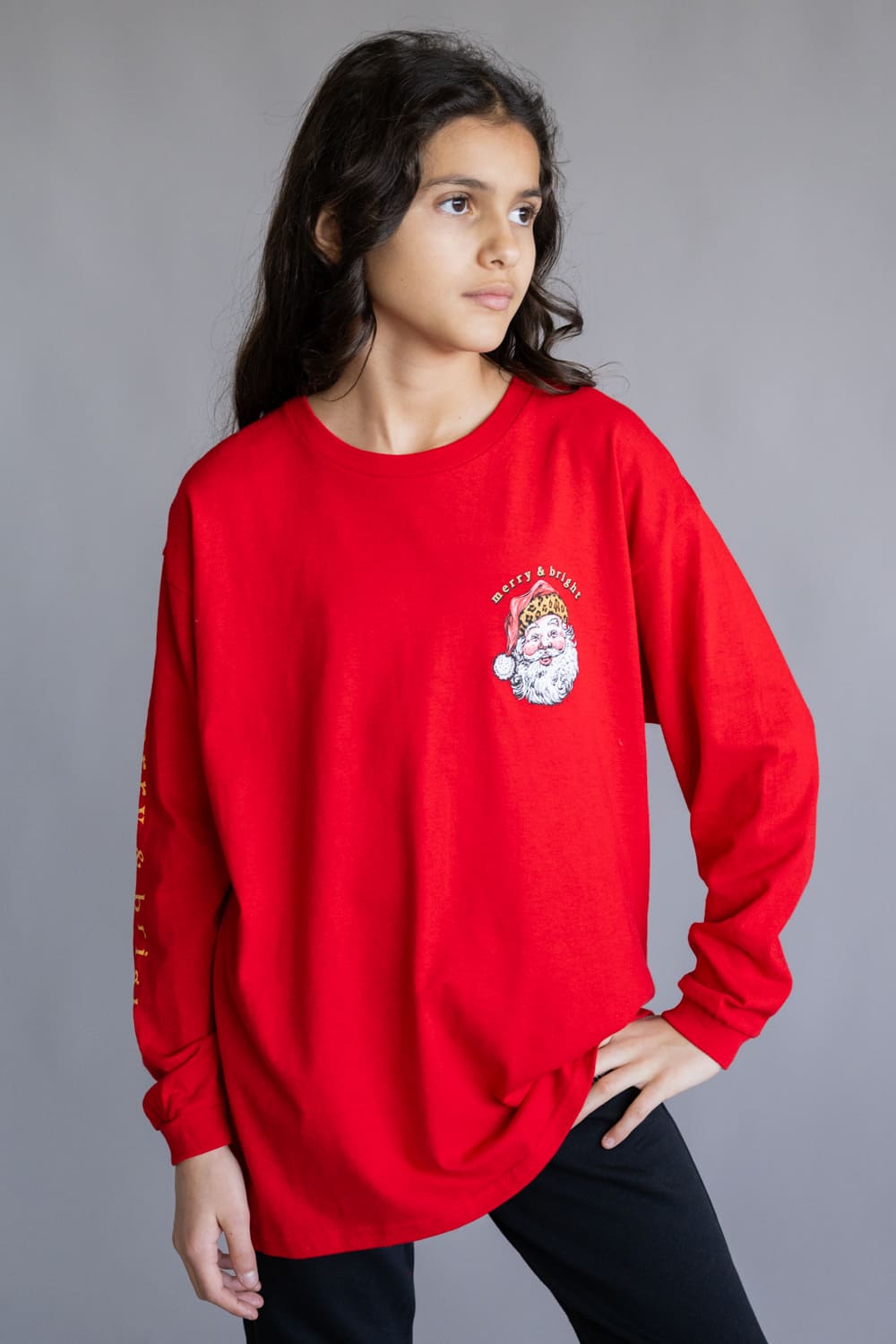 Simply Southern Youth Leopard Hat Santa Long Sleeve T-Shirt for Girls in Red