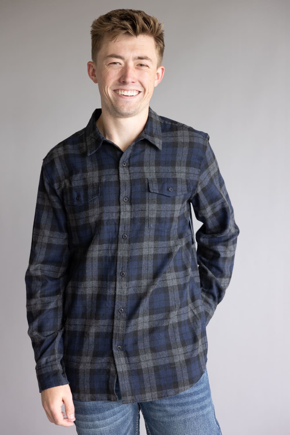 Plaid Flannel Shirt for Men in Navy Grey
