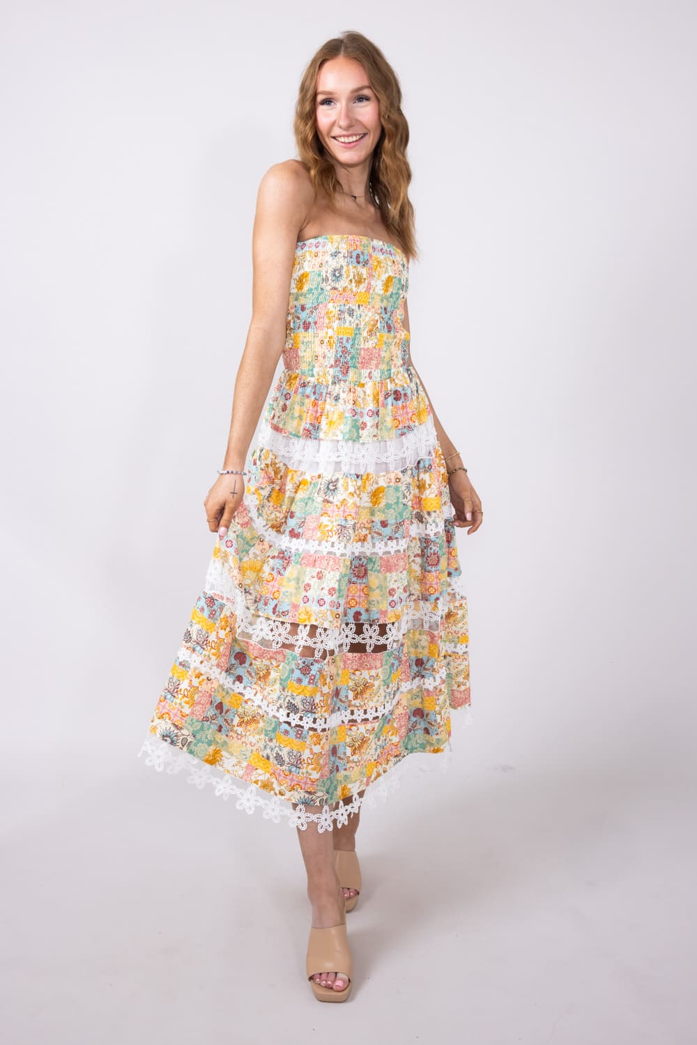Strut & Bolt Floral Eyelet Strapless Midi Dress for Women in Yellow Mu Glik's Strut & Bolt Floral Eyelet Strapless Midi Dress for Women in Yellow Mu Glik's