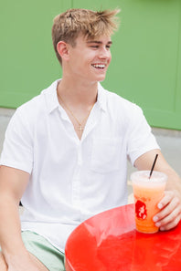 Vintage Summer Short Sleeve Linen Button Up Shirt for Men in White