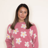 Womens Simply Southern Fuzzy Daisy Print Crewneck Sweater for Women in Pink 