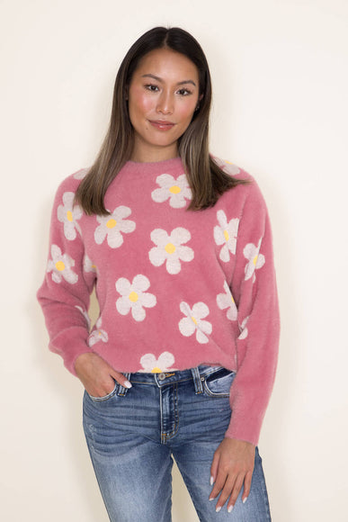 Womens Simply Southern Fuzzy Daisy Print Crewneck Sweater for Women in Pink 